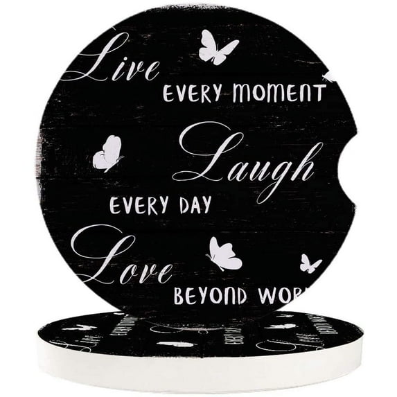 FMSHPON Positive Energy Text and Butterfly on Black Wood Grain Set of 6 Car Coaster for Drinks, Absorbent Ceramic Stone Coasters Cup Mat with Cork Base for Home Kitchen Room Coffee Table Bar Decor
