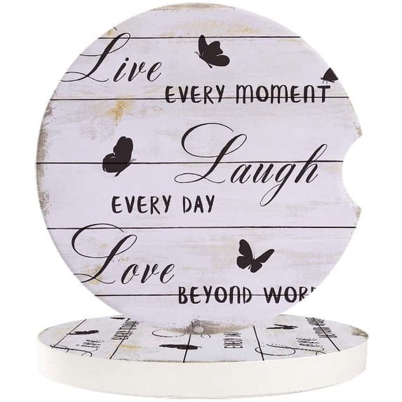 FMSHPON Positive Energy Text and Butterfly on Retro Wood Grain Set of 6 Car Coaster for Drinks, Absorbent Ceramic Stone Coasters Cup Mat with Cork Base for Home Kitchen Room Coffee Table Bar Decor