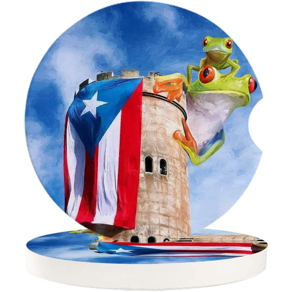 FMSHPON Puerto Rico Frog and Flag Set of 6 Car Coaster for Drinks, Absorbent Ceramic Stone Coasters Cup Mat with Cork Base for Home Kitchen Room Coffee Table Bar Decor