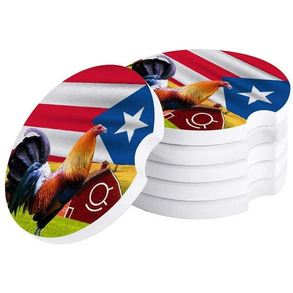 FMSHPON Puerto Rico Style Farm Rooster and Flag Set of 4 Car Coaster for Drinks, Absorbent Ceramic Stone Coasters Cup Mat with Cork Base for Home Kitchen Room Coffee Table Bar Decor