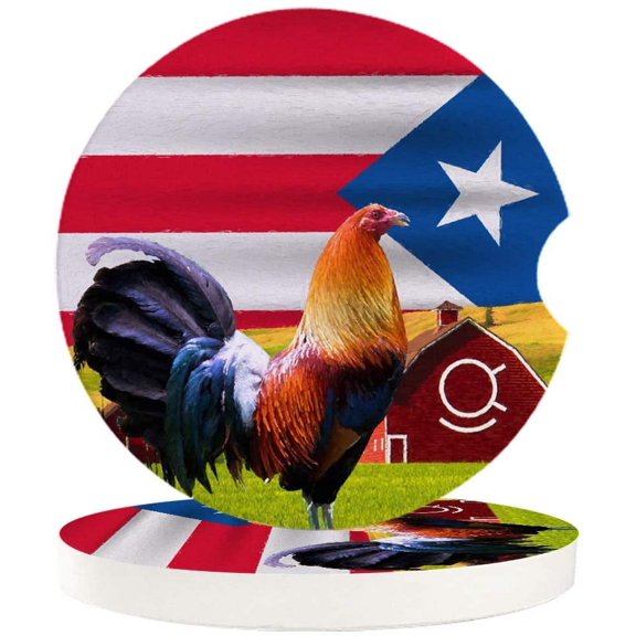 FMSHPON Puerto Rico Style Farm Rooster and Flag Set of 6 Car Coaster for Drinks, Absorbent Ceramic Stone Coasters Cup Mat with Cork Base for Home Kitchen Room Coffee Table Bar Decor