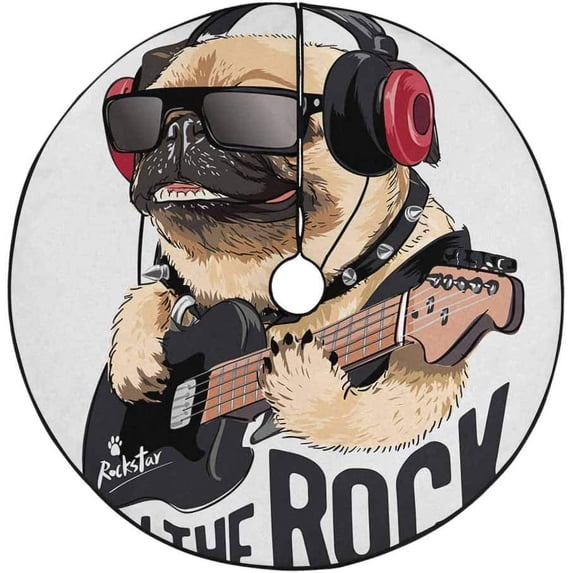 FMSHPON Pug Dog Guitar Xmas Christmas Tree Skirt Stand Mat for Holiday Party Decoration Indoor Outdoor 36 inches