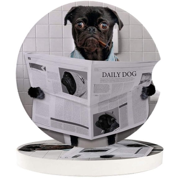 FMSHPON Pug Dog Read Newspaper on Toilet Set of 6 Car Coaster for Drinks, Absorbent Ceramic Stone Coasters Cup Mat with Cork Base for Home Kitchen Room Coffee Table Bar Decor