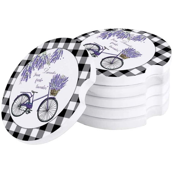 FMSHPON Purple Lavender Bike Black and White Plaid Set of 2 Car Coaster for Drinks, Absorbent Ceramic Stone Coasters Cup Mat with Cork Base for Home Kitchen Room Coffee Table Bar Decor