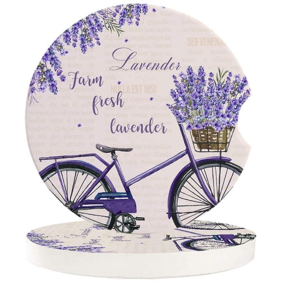 FMSHPON Purple Lavender Bike Retro Newspaper Set of 6 Car Coaster for Drinks, Absorbent Ceramic Stone Coasters Cup Mat with Cork Base for Home Kitchen Room Coffee Table Bar Decor