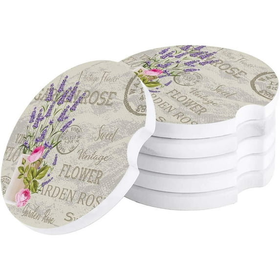 FMSHPON Purple Lavender Vintage Set of 2 Car Coaster for Drinks, Absorbent Ceramic Stone Coasters Cup Mat with Cork Base for Home Kitchen Room Coffee Table Bar Decor