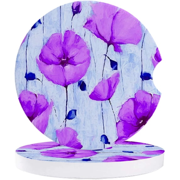 FMSHPON Purple Poppies on Blue Set of 6 Car Coaster for Drinks, Absorbent Ceramic Stone Coasters Cup Mat with Cork Base for Home Kitchen Room Coffee Table Bar Decor