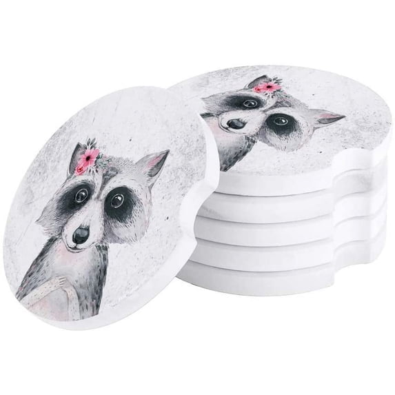 FMSHPON Raccoon Wearing Flower Watercolor Style Set of 2 Car Coaster for Drinks, Absorbent Ceramic Stone Coasters Cup Mat with Cork Base for Home Kitchen Room Coffee Table Bar Decor