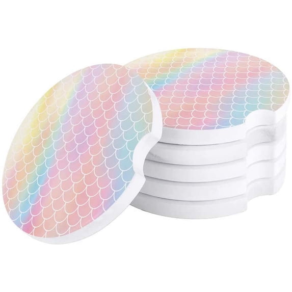 FMSHPON Rainbow Mermaid Scales Pattern Set of 2 Car Coaster for Drinks, Absorbent Ceramic Stone Coasters Cup Mat with Cork Base for Home Kitchen Room Coffee Table Bar Decor