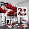 thumbnail image 1 of FMSHPON Red Flowers 4 Piece Bathroom Set Shower Curtain Bath Rug Contour Mat and Toilet Lid Cover, 1 of 8