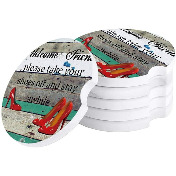 FMSHPON Red High Heels Rustic Wood Grain Set of 2 Car Coaster for Drinks, Absorbent Ceramic Stone Coasters Cup Mat with Cork Base for Home Kitchen Room Coffee Table Bar Decor