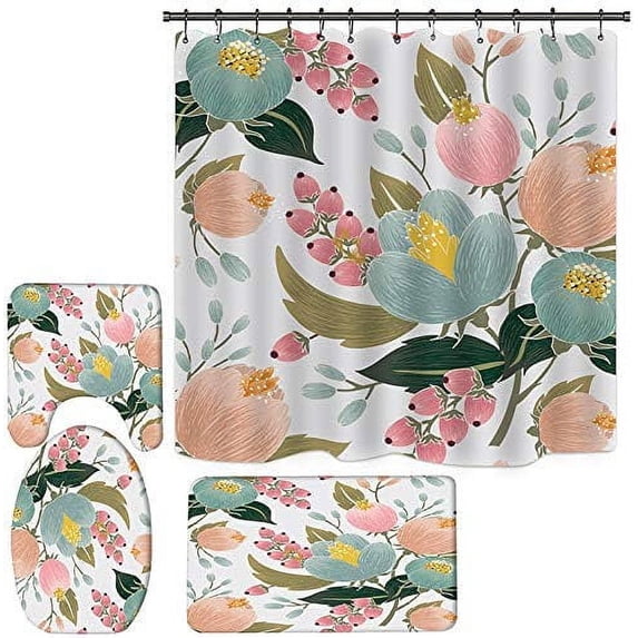 FMSHPON Red Peony Flower 4 Piece Bathroom Set Shower Curtain Bath Rug Contour Mat and Toilet Lid Cover