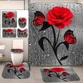 thumbnail image 1 of FMSHPON Red Rose Butterfly 4 Piece Bathroom Set Shower Curtain Bath Rug Contour Mat and Toilet Lid Cover, 1 of 8