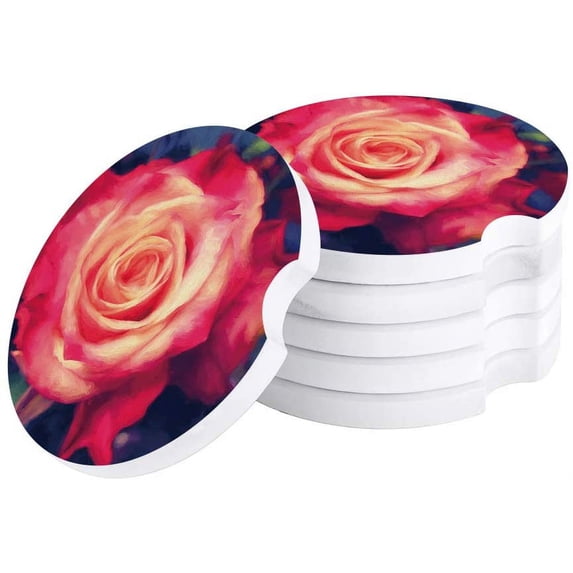 FMSHPON Red Rose Oil Painting Style Set of 2 Car Coaster for Drinks, Absorbent Ceramic Stone Coasters Cup Mat with Cork Base for Home Kitchen Room Coffee Table Bar Decor