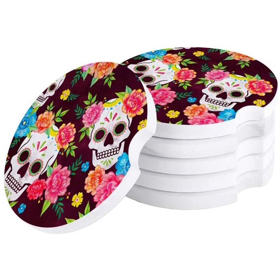 FMSHPON Red Skull Colored Flowers Pattern Set of 2 Car Coaster for Drinks, Absorbent Ceramic Stone Coasters Cup Mat with Cork Base for Home Kitchen Room Coffee Table Bar Decor