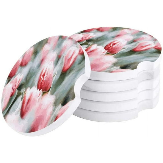 FMSHPON Red Tulip Oil Painting Style Set of 4 Car Coaster for Drinks, Absorbent Ceramic Stone Coasters Cup Mat with Cork Base for Home Kitchen Room Coffee Table Bar Decor