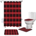 thumbnail image 1 of FMSHPON RedBlack Checkered 4 Piece Bathroom Set Shower Curtain Bath Rug Contour Mat and Toilet Lid Cover, 1 of 7