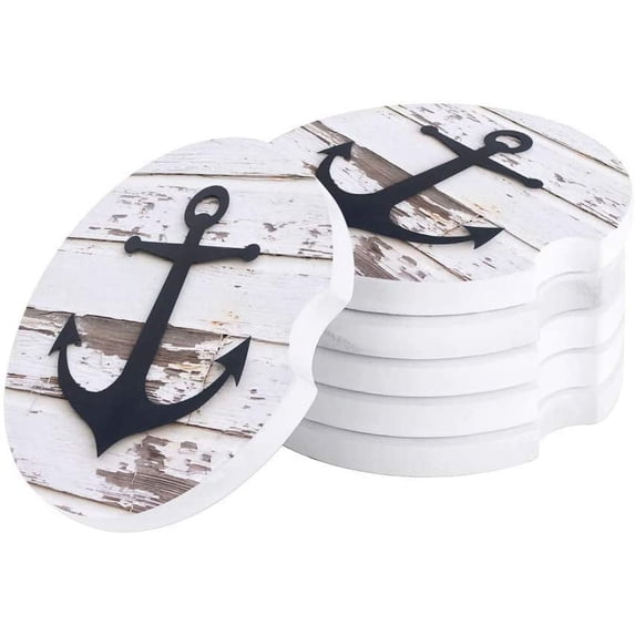 FMSHPON Retro Anchor White Wood Grain Ocean Theme Set of 2 Car Coaster for Drinks, Absorbent Ceramic Stone Coasters Cup Mat with Cork Base for Home Kitchen Room Coffee Table Bar Decor