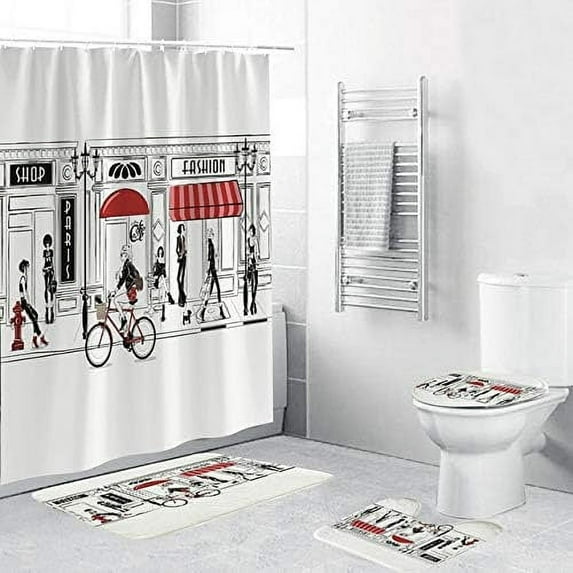 FMSHPON Retro Illustration Cool Design 4 Piece Bathroom Set Shower Curtain Bath Rug Contour Mat and Toilet Lid Cover