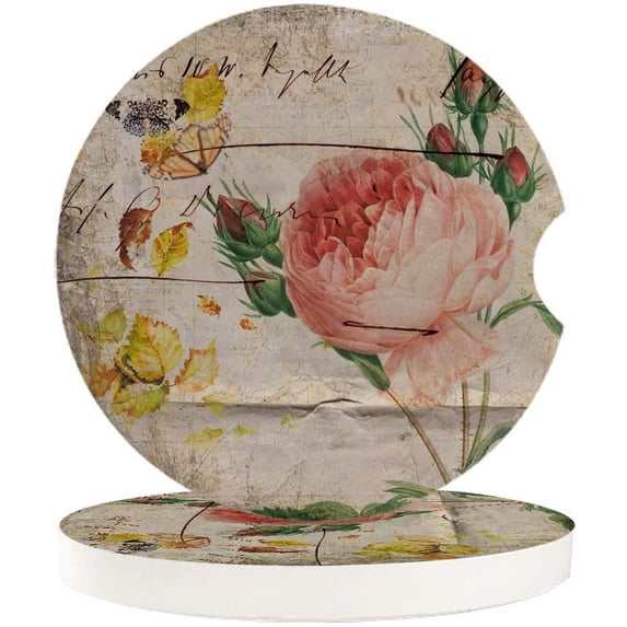 FMSHPON Retro Rose with Fallen Leaves and Butterflies Set of 6 Car Coaster for Drinks, Absorbent Ceramic Stone Coasters Cup Mat with Cork Base for Home Kitchen Room Coffee Table Bar Decor