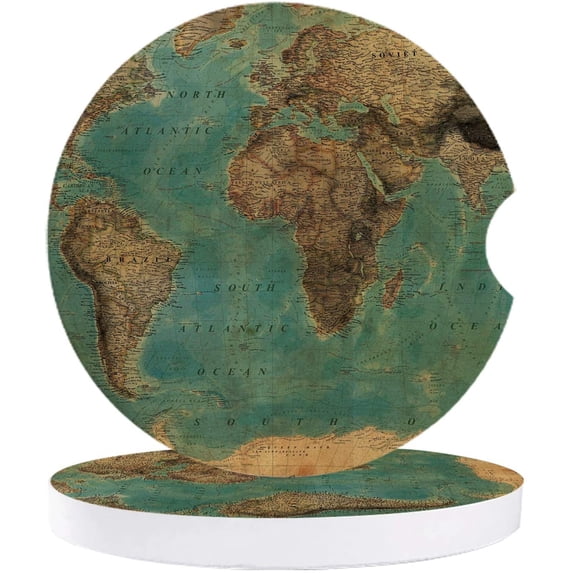 FMSHPON Retro Style World Map Nostalgic Theme Set of 6 Car Coaster for Drinks, Absorbent Ceramic Stone Coasters Cup Mat with Cork Base for Home Kitchen Room Coffee Table Bar Decor