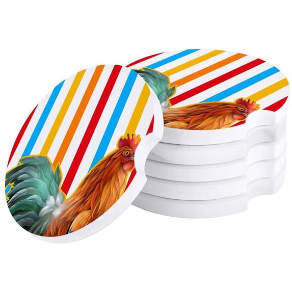 FMSHPON Rooster Vintage Striped Set of 2 Car Coaster for Drinks, Absorbent Ceramic Stone Coasters Cup Mat with Cork Base for Home Kitchen Room Coffee Table Bar Decor