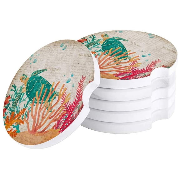 FMSHPON Sea Turtle Underwater World Vintage Newspaper Set of 4 Car Coaster for Drinks, Absorbent Ceramic Stone Coasters Cup Mat with Cork Base for Home Kitchen Room Coffee Table Bar Decor