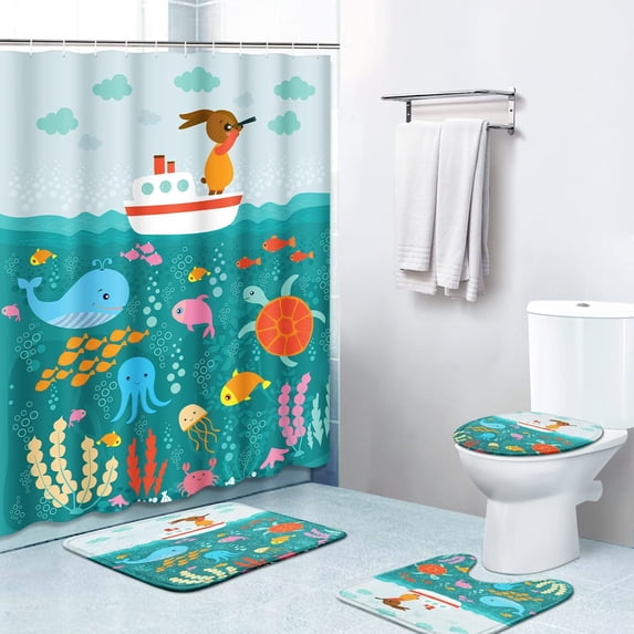 FMSHPON Sea Voyage Rabbit Dear Creatures 4 Piece Bathroom Set Shower Curtain Bath Rug Contour Mat and Toilet Lid Cover