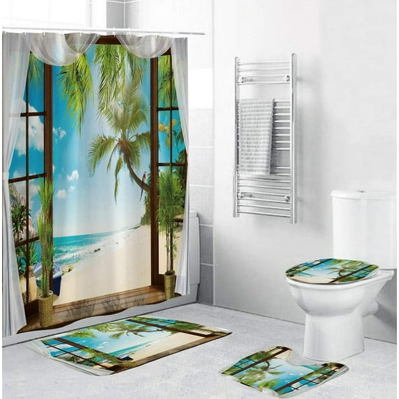 FMSHPON Seaside Coconut Tree Scenery Sea Beach 4 Piece Bathroom Set Shower Curtain Bath Rug Contour Mat and Toilet Lid Cover
