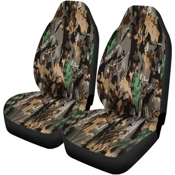 FMSHPON Set of 2 Car Seat Covers Brown Forest Camouflage Pattern Green Tree Nature Abstract Universal Auto Front Seats Protector Fits for Car,SUV Sedan,Truck