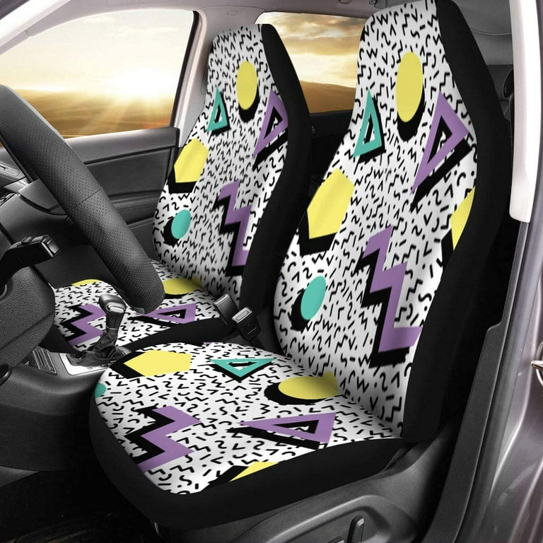 FMSHPON Set of 2 Car Seat Covers Colorful Hipster Geometric Pattern in Retro 80S 1980S Memphis Universal Auto Front Seats Protector Fits for Car SUV