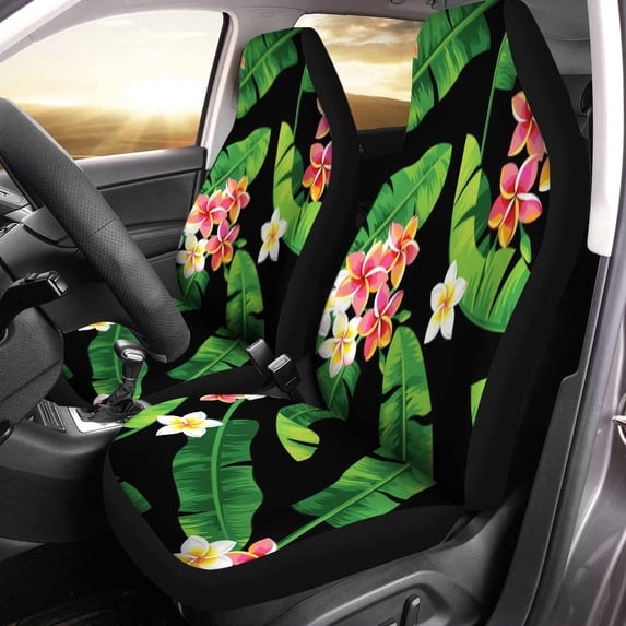 FMSHPON Set of 2 Car Seat Covers Green Aloha Banana Leaves and Tropical Flowers Beach Bloom Universal Auto Front Seats Protector Fits for Car,SUV Sedan,Truck