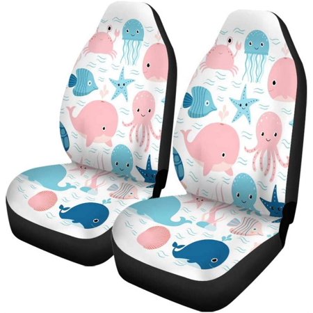 FMSHPON Set of 2 Car Seat Covers Group Sea Underwater Creatures Circle Shape For Greeting Cards Universal Auto Front Seats Protector Fits for Car,SUV Sedan,Truck