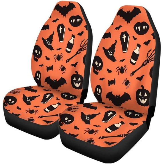 FMSHPON Set of 2 Car Seat Covers Halloween Ghosts Skulls Spiders Bats Witch Hats Vampire Universal Auto Front Seats Protector Fits for Car,SUV Sedan,Truck