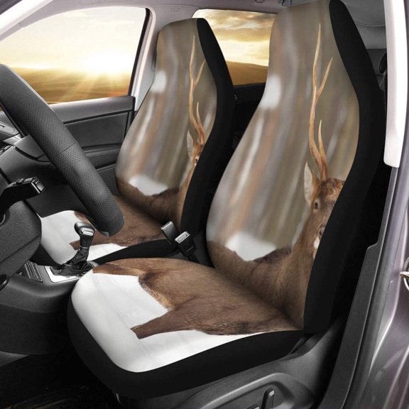FMSHPON Set of 2 Car Seat Covers Brown Dear Young Deer in Winter Forest Green Universal Auto Front Seats Protector Fits for Car,SUV Sedan,Truck