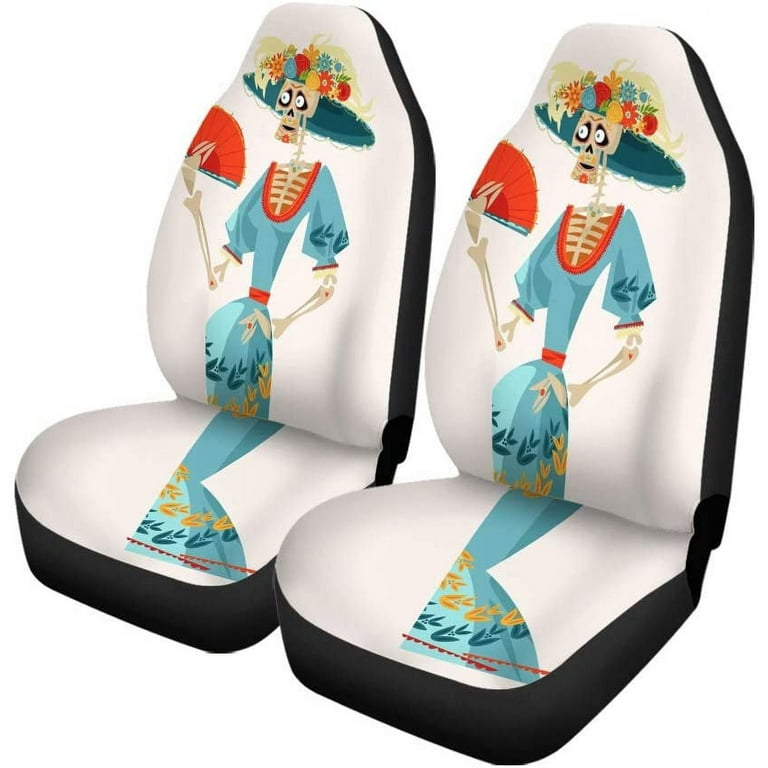 Set Of 2 Car Seat Covers Skull Blonde Girl Universal Auto Front