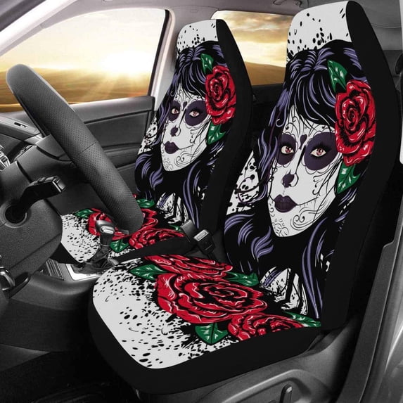 FMSHPON Set of 2 Car Seat Covers Vintage Sugar Skull Girl Roses For Day The Dead Universal Auto Front Seats Protector Fits for Car,SUV Sedan,Truck