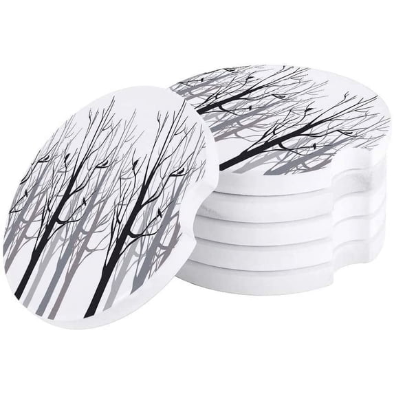 FMSHPON Simple Forest Branch Bird Silhouette Set of 4 Car Coaster for Drinks, Absorbent Ceramic Stone Coasters Cup Mat with Cork Base for Home Kitchen Room Coffee Table Bar Decor