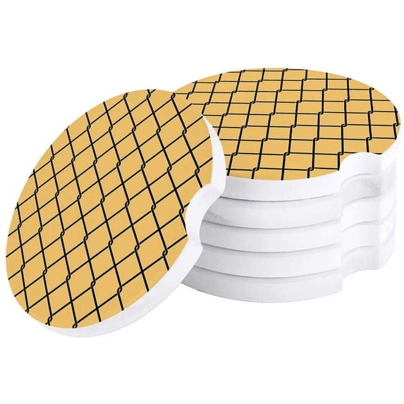 FMSHPON Simple Geometric Grid Pattern Yellow Set of 4 Car Coaster for Drinks, Absorbent Ceramic Stone Coasters Cup Mat with Cork Base for Home Kitchen Room Coffee Table Bar Decor