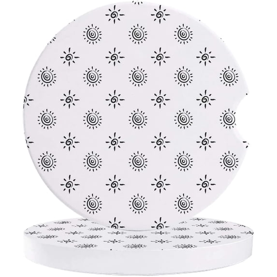 FMSHPON Simple Sun Pattern White Set of 6 Car Coaster for Drinks, Absorbent Ceramic Stone Coasters Cup Mat with Cork Base for Home Kitchen Room Coffee Table Bar Decor