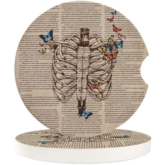 FMSHPON Skeleton and Butterfly Retro Newspaper Set of 6 Car Coaster for Drinks, Absorbent Ceramic Stone Coasters Cup Mat with Cork Base for Home Kitchen Room Coffee Table Bar Decor