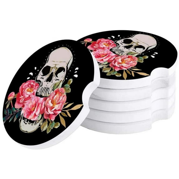 FMSHPON Skull and Fresh Flower Black Set of 4 Car Coaster for Drinks, Absorbent Ceramic Stone Coasters Cup Mat with Cork Base for Home Kitchen Room Coffee Table Bar Decor