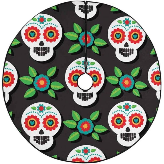 FMSHPON Skulls Flowers Xmas Christmas Tree Skirt Stand Mat for Holiday Party Decoration Indoor Outdoor 48 inches