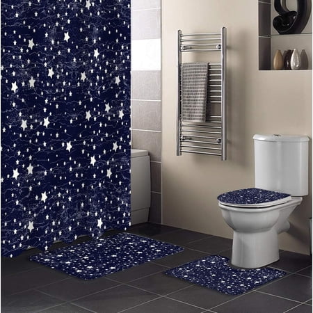 FMSHPON Space Decor 4 Piece Bathroom Set Shower Curtain Bath Rug Contour Mat and Toilet Lid Cover