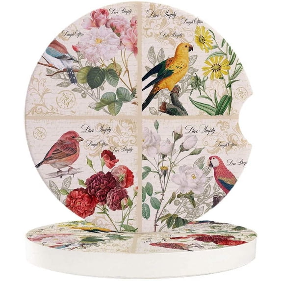FMSHPON Spring Birds and Flowers Vintage Letter Set of 6 Car Coaster for Drinks, Absorbent Ceramic Stone Coasters Cup Mat with Cork Base for Home Kitchen Room Coffee Table Bar Decor