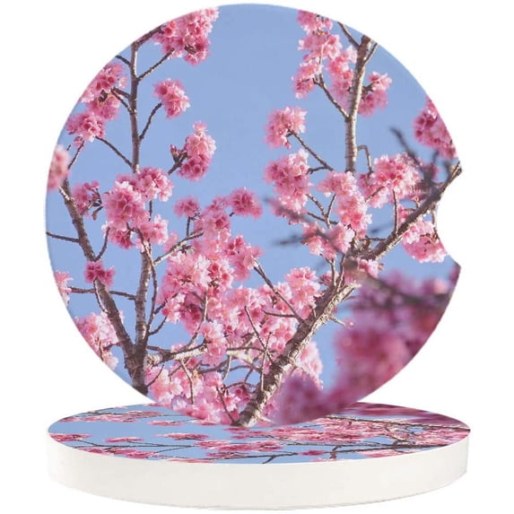 FMSHPON Spring Blooming Pink Cherry Set of 6 Car Coaster for Drinks, Absorbent Ceramic Stone Coasters Cup Mat with Cork Base for Home Kitchen Room Coffee Table Bar Decor