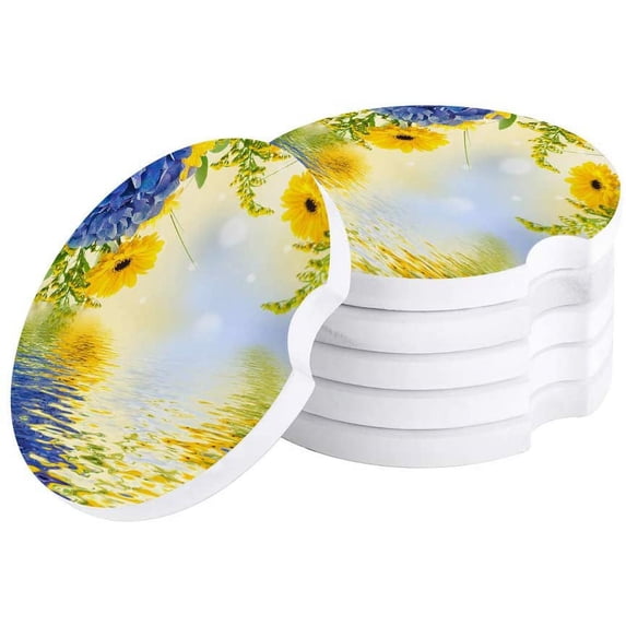 FMSHPON Spring Blue Hydrangea Yellow Chrysanthemum Set of 2 Car Coaster for Drinks, Absorbent Ceramic Stone Coasters Cup Mat with Cork Base for Home Kitchen Room Coffee Table Bar Decor