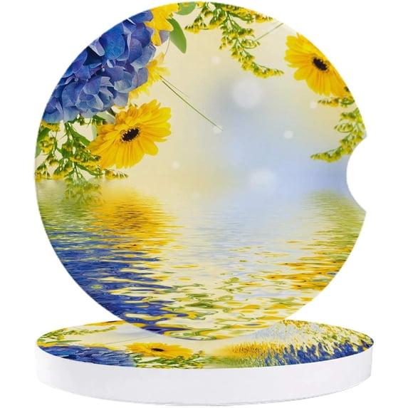 FMSHPON Spring Blue Hydrangea Yellow Chrysanthemum Set of 6 Car Coaster for Drinks, Absorbent Ceramic Stone Coasters Cup Mat with Cork Base for Home Kitchen Room Coffee Table Bar Decor