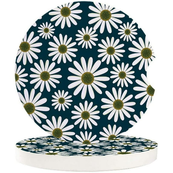 FMSHPON Spring Cartoon Daisy Pattern Set of 6 Car Coaster for Drinks, Absorbent Ceramic Stone Coasters Cup Mat with Cork Base for Home Kitchen Room Coffee Table Bar Decor
