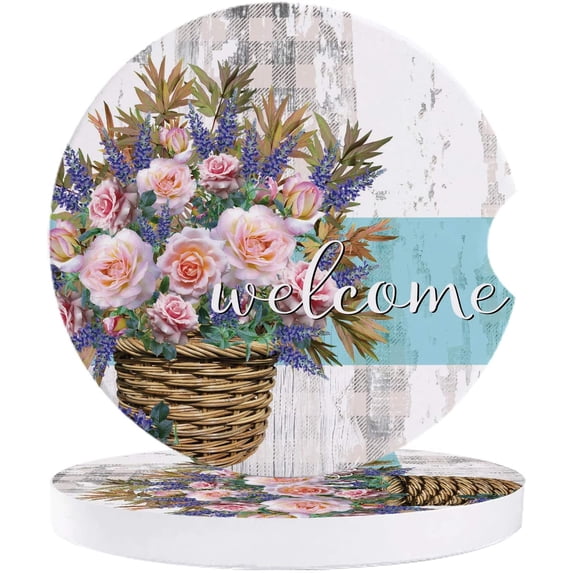 FMSHPON Spring Flower Basket Rose Rustic Wooden Grain Set of 6 Car Coaster for Drinks, Absorbent Ceramic Stone Coasters Cup Mat with Cork Base for Home Kitchen Room Coffee Table Bar Decor